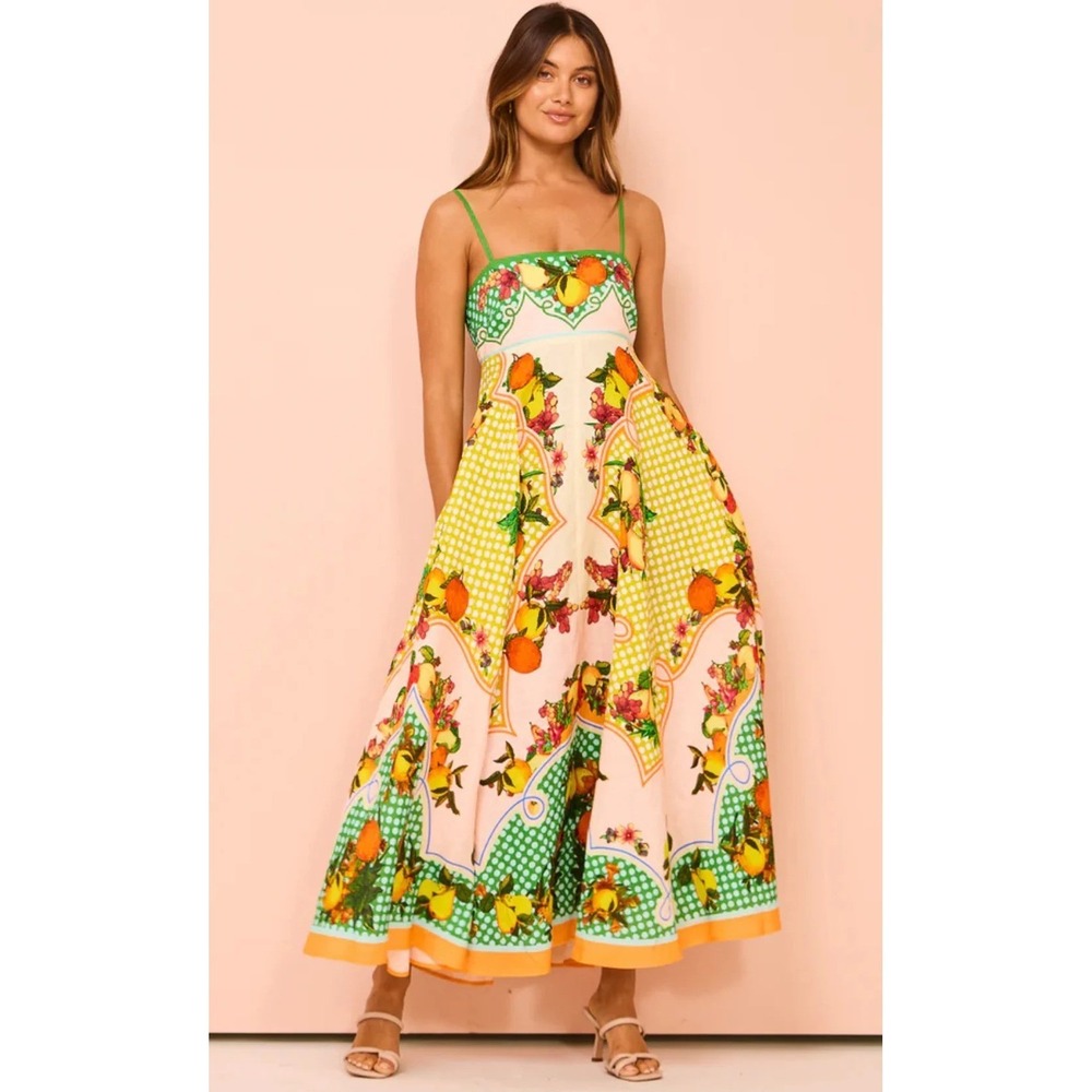 ALÉMAIS Alemais Lemonis Sundress Citrus Print Linen Midi Dress Size 12 - Picture 6 of 12